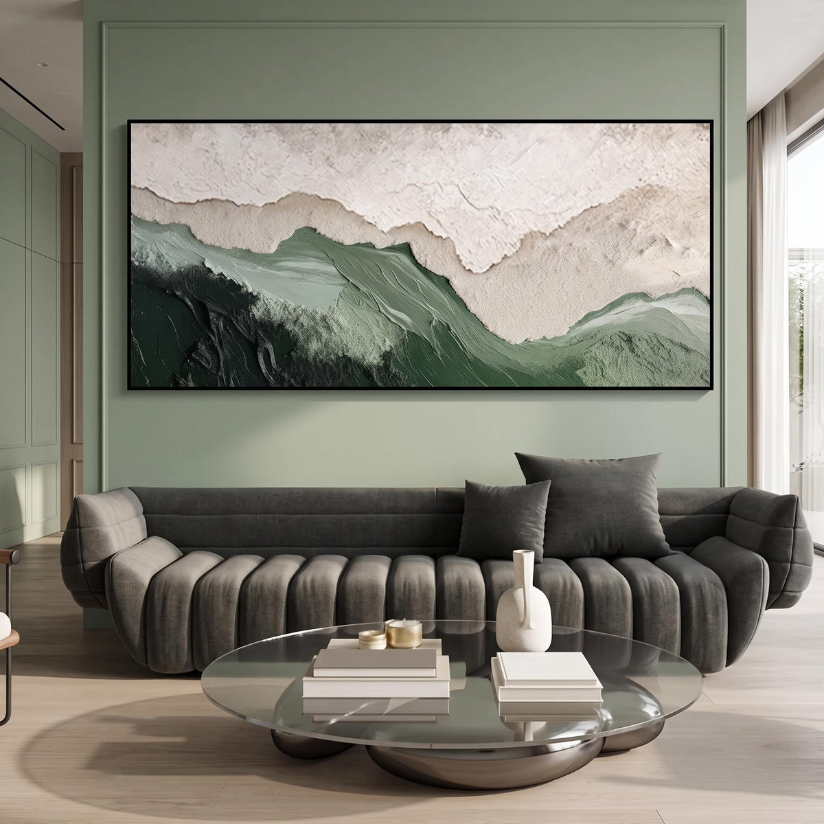 "Layered Mountain" - Modern Heavy Impasto Landscape Artwork | Beige Palette Knife Painting | Luxury Horizontal Wall Art #PT 2631
