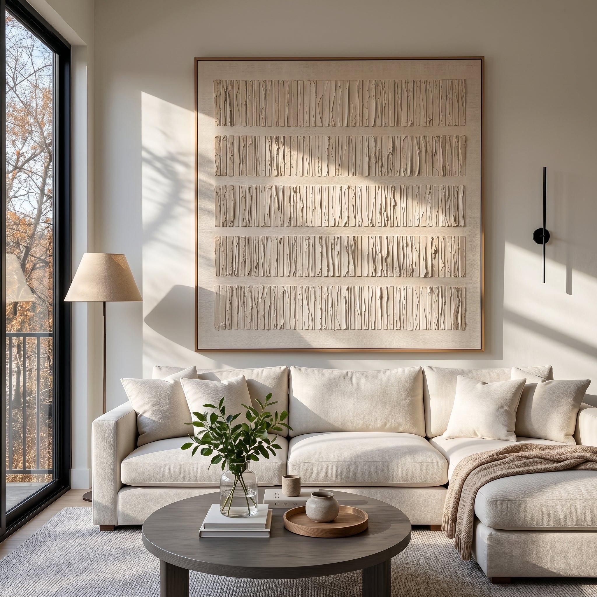 "Linear Neutral Textured Strata" – Modern Heavy Impasto Minimal Abstract Relief | 3D Warm Ivory & Beige Clay Palette Knife Painting | Luxury Square Wall Art #WS 258