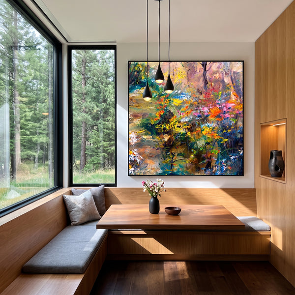 "Wildflower Woodland Bloom" – Modern Heavy Impasto Impressionist Landscape | 3D Golden Citrus & Forest Sage Palette Knife Painting | Luxury Square Wall Art #PT 568