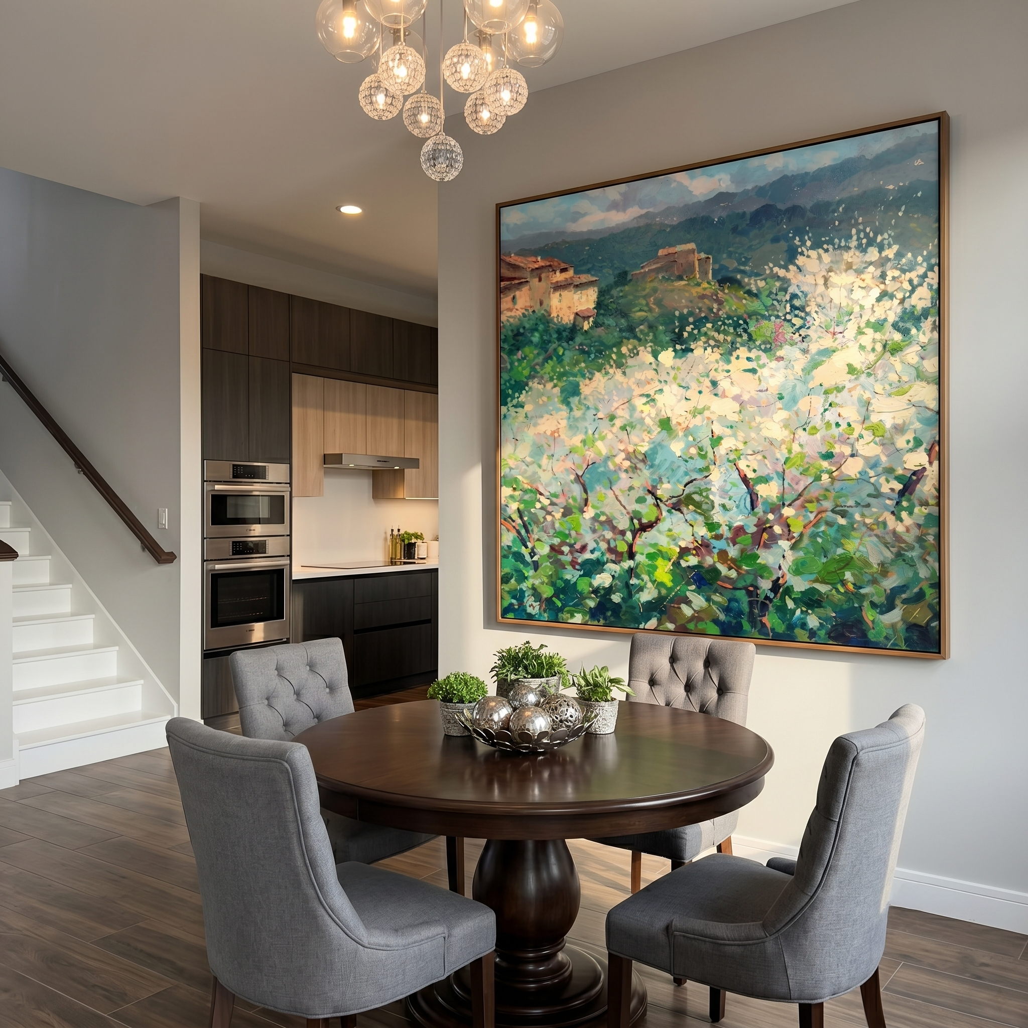 "Tuscan Spring Blossom Hamlet" - Modern Heavy Impasto Impressionist Country Landscape | 3D Soft Ivory Bloom & Forest Sage Palette Knife Painting | Luxury Square Wall Art #PT 584