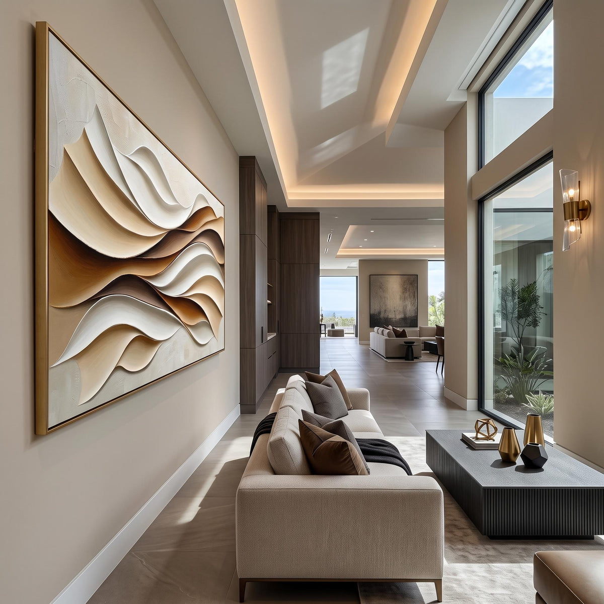 "Layered Wave" - Modern Heavy Impasto Ocean Wave Seascape | Beige Palette Knife Painting | Luxury Horizontal Wall Art #PT 2622