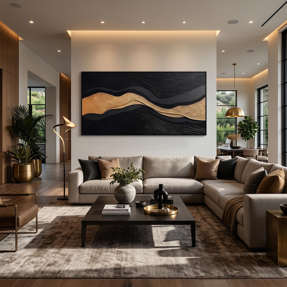 "Luxury Black‑Gold Layered Mountain" - Modern Heavy Impasto Landscape Artwork | Beige Palette Knife Painting | Luxury Horizontal Wall Art #PT 2612