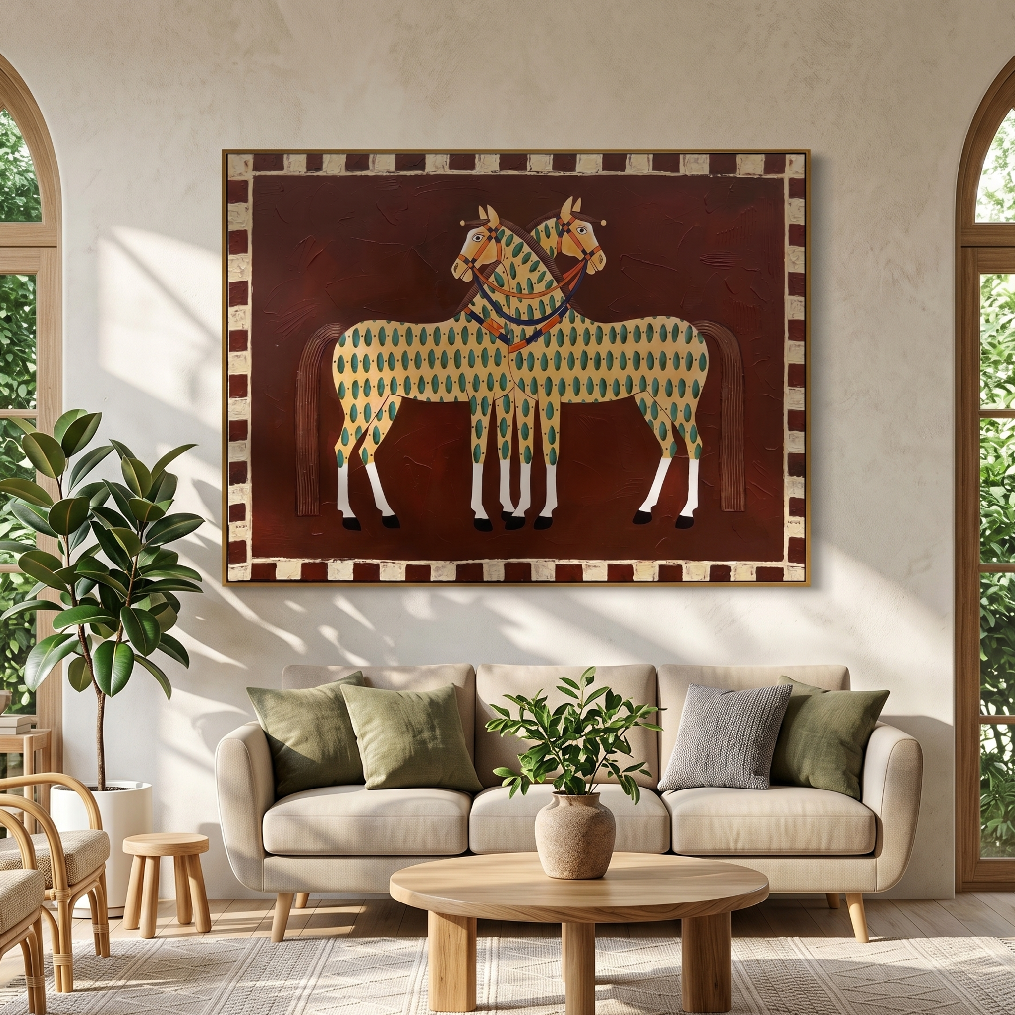 "Paired Folk Patterned Equines" – Modern Heavy Impasto Primitive Equestrian Figurative | 3D Russet Brown & Soft Sage Palette Knife Painting | Luxury Horizontal Wall Art #AN 151
