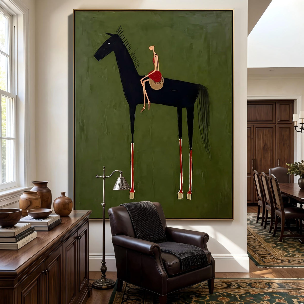 "Black Horse & Rider" - Modern Heavy Impasto Western Animal Artwork | Green Palette Knife Painting | Luxury Vertical Wall Art #PT 2625