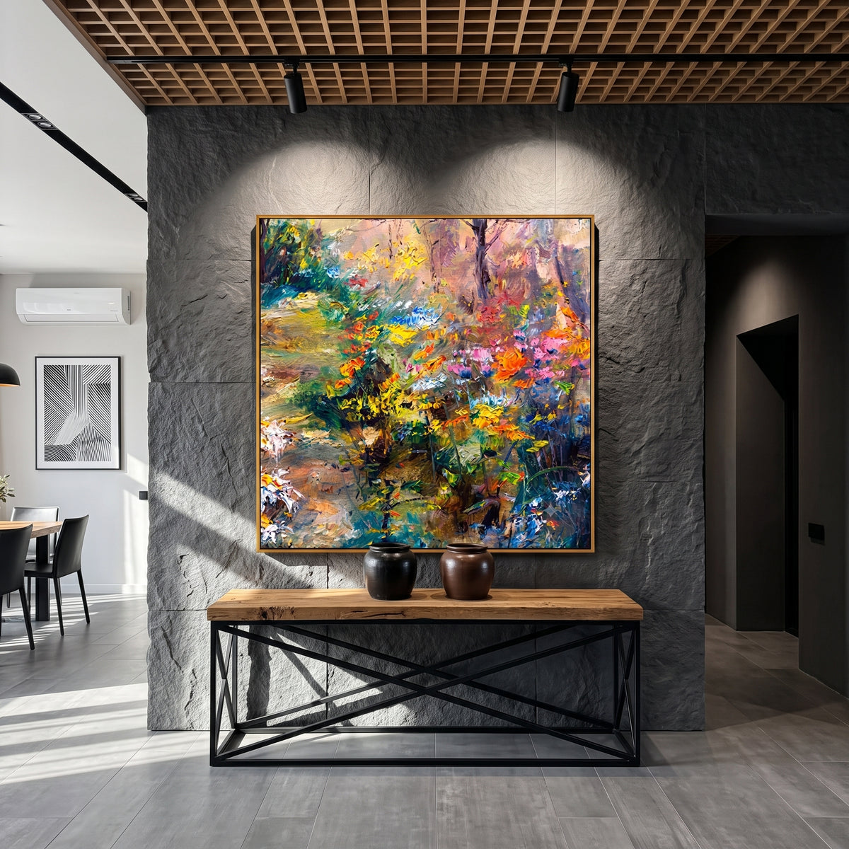 "Wildflower Woodland Bloom" – Modern Heavy Impasto Impressionist Landscape | 3D Golden Citrus & Forest Sage Palette Knife Painting | Luxury Square Wall Art #PT 568