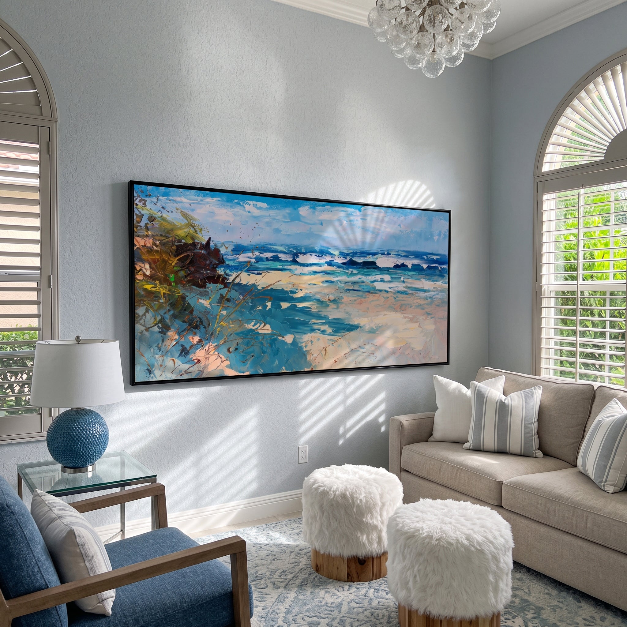 "Textured Dune Shore Ocean Waves" – Modern Heavy Impasto Impressionist Seascape | 3D Turquoise Aqua & Cream Sand Palette Knife Painting | Luxury Horizontal Wall Art #PT 578