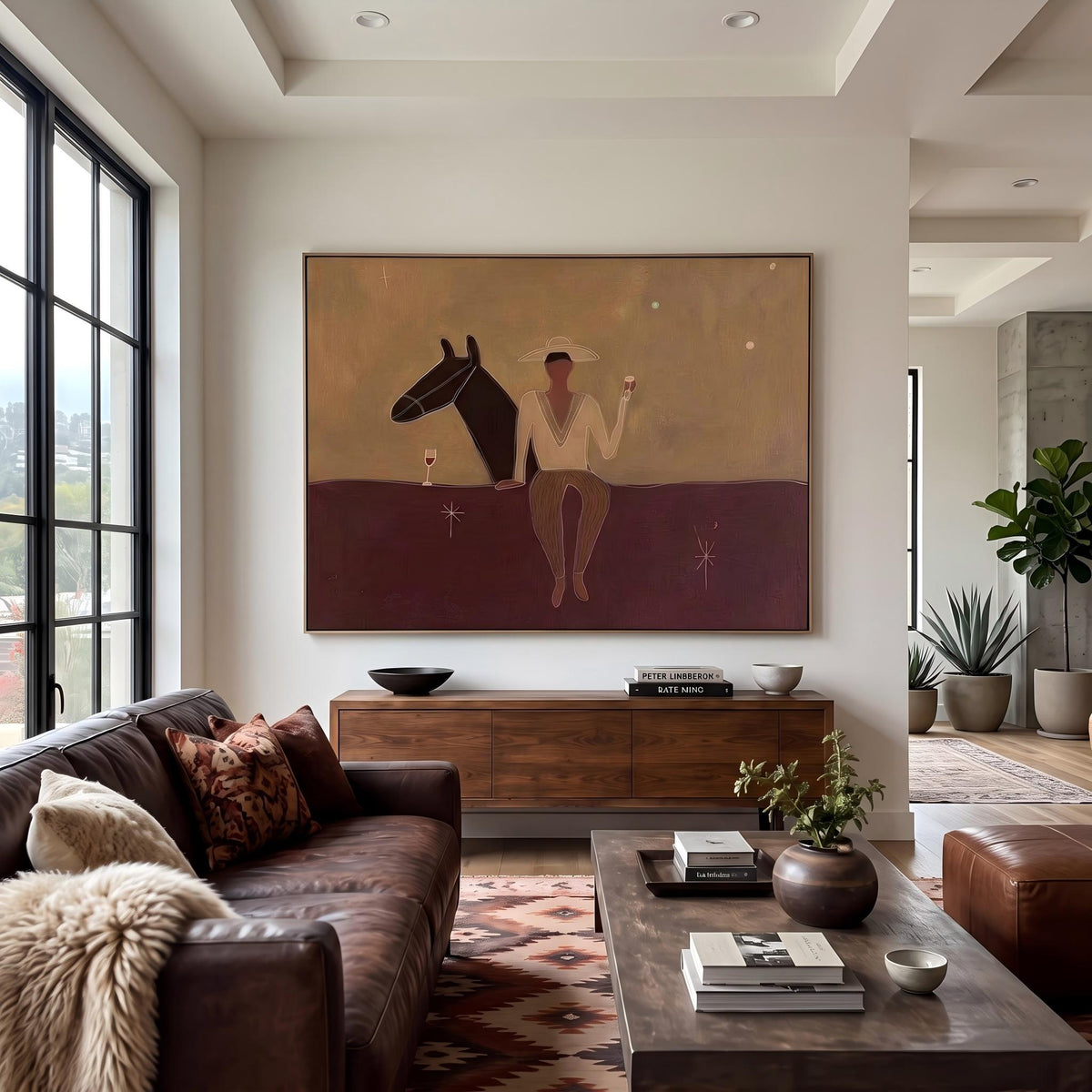 "Western Cowboy and Horse" - Modern Heavy Impasto Western Animal Artwork | Purple Palette Knife Painting | Luxury Horizontal Wall Art #PT 2636