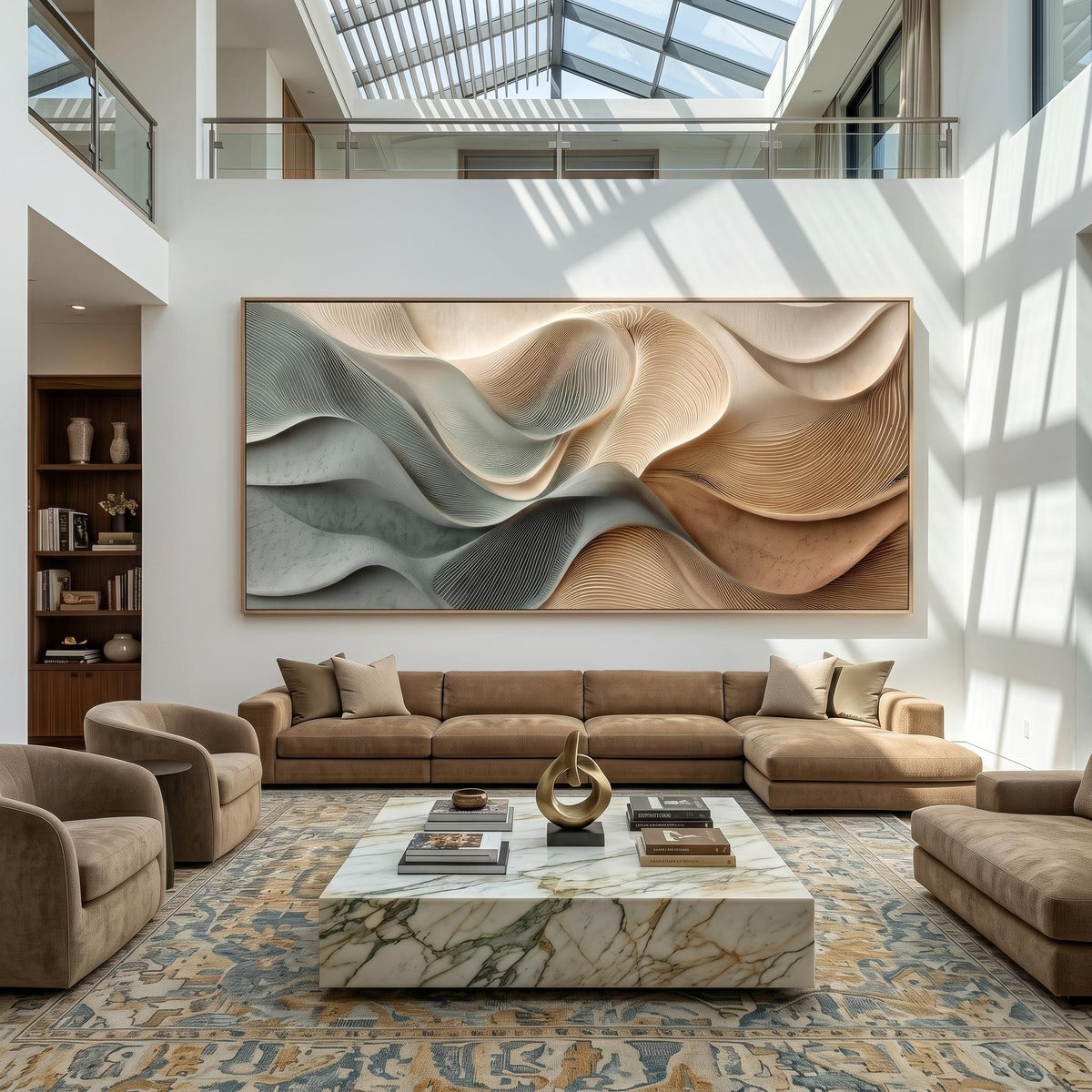 "Dusty Blue Beige Heavy‑Texture Wave" - Modern Heavy Impasto Ocean Wave Seascape | Beige Palette Knife Painting | Luxury Horizontal Wall Art #PT 2599