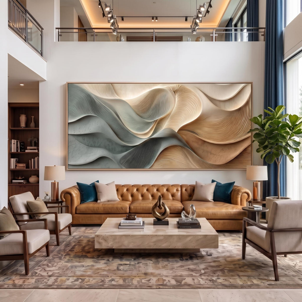 "Dusty Blue Beige Heavy‑Texture Wave" - Modern Heavy Impasto Ocean Wave Seascape | Beige Palette Knife Painting | Luxury Horizontal Wall Art #PT 2599
