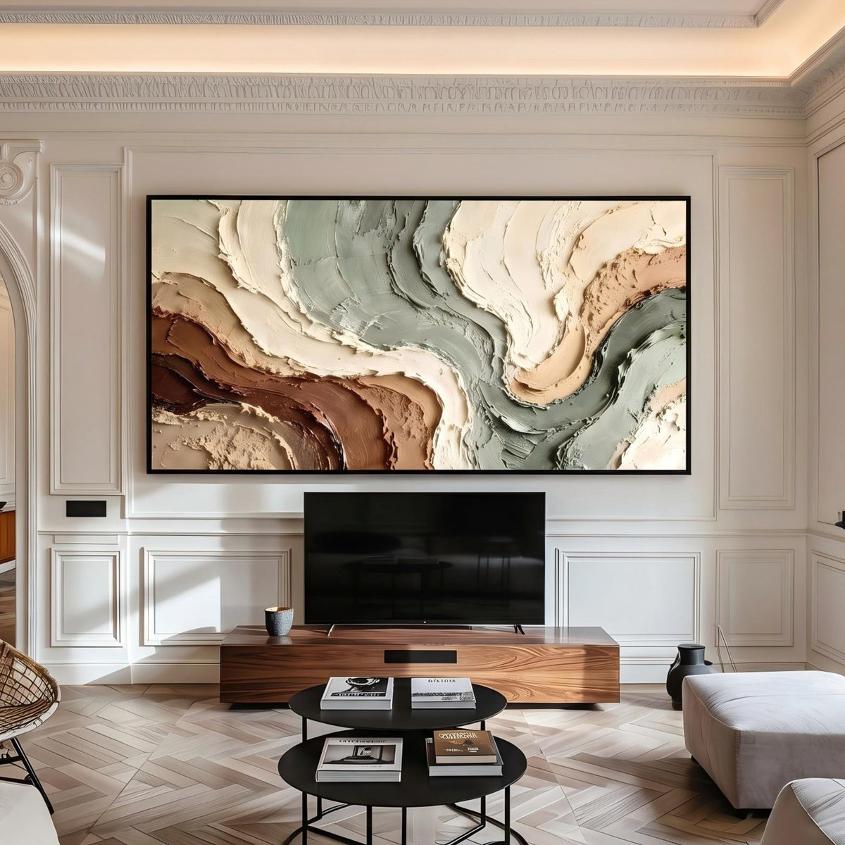 "Muted Green Brown Flow Textured Art" - Modern Heavy Impasto Abstract Artwork | Beige Palette Knife Painting | Luxury Horizontal Wall Art #PT 2603