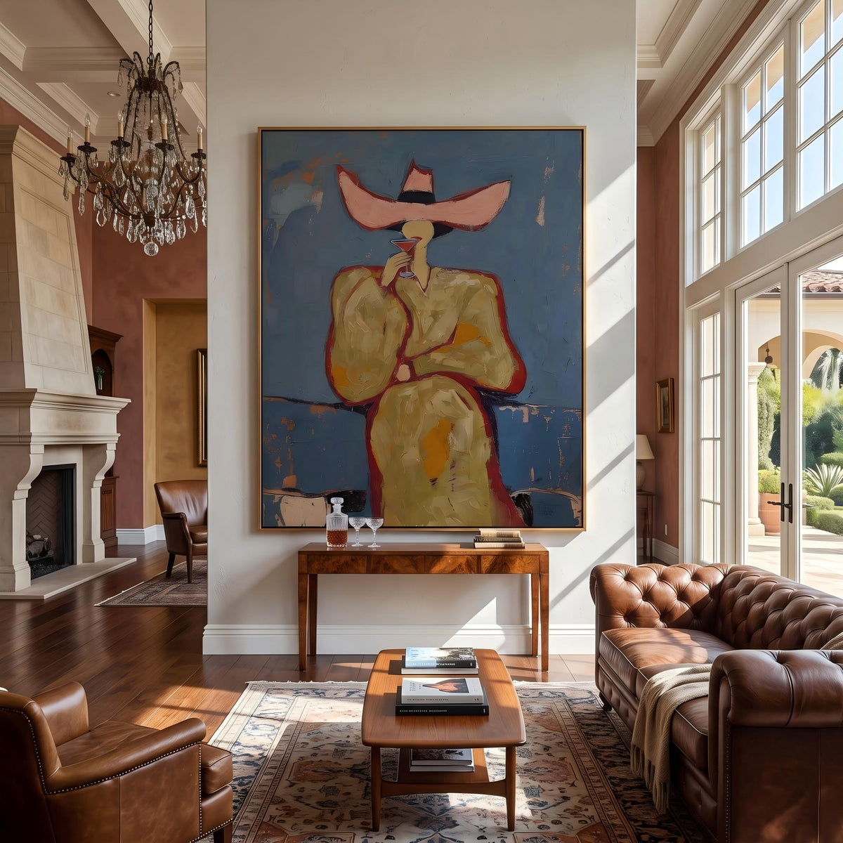"Pink cowboy hat woman drinking cocktail" - Modern Heavy Impasto Western Animal Artwork | Golden & Orange Palette Knife Painting | Luxury Vertical Wall Art #PT 2643