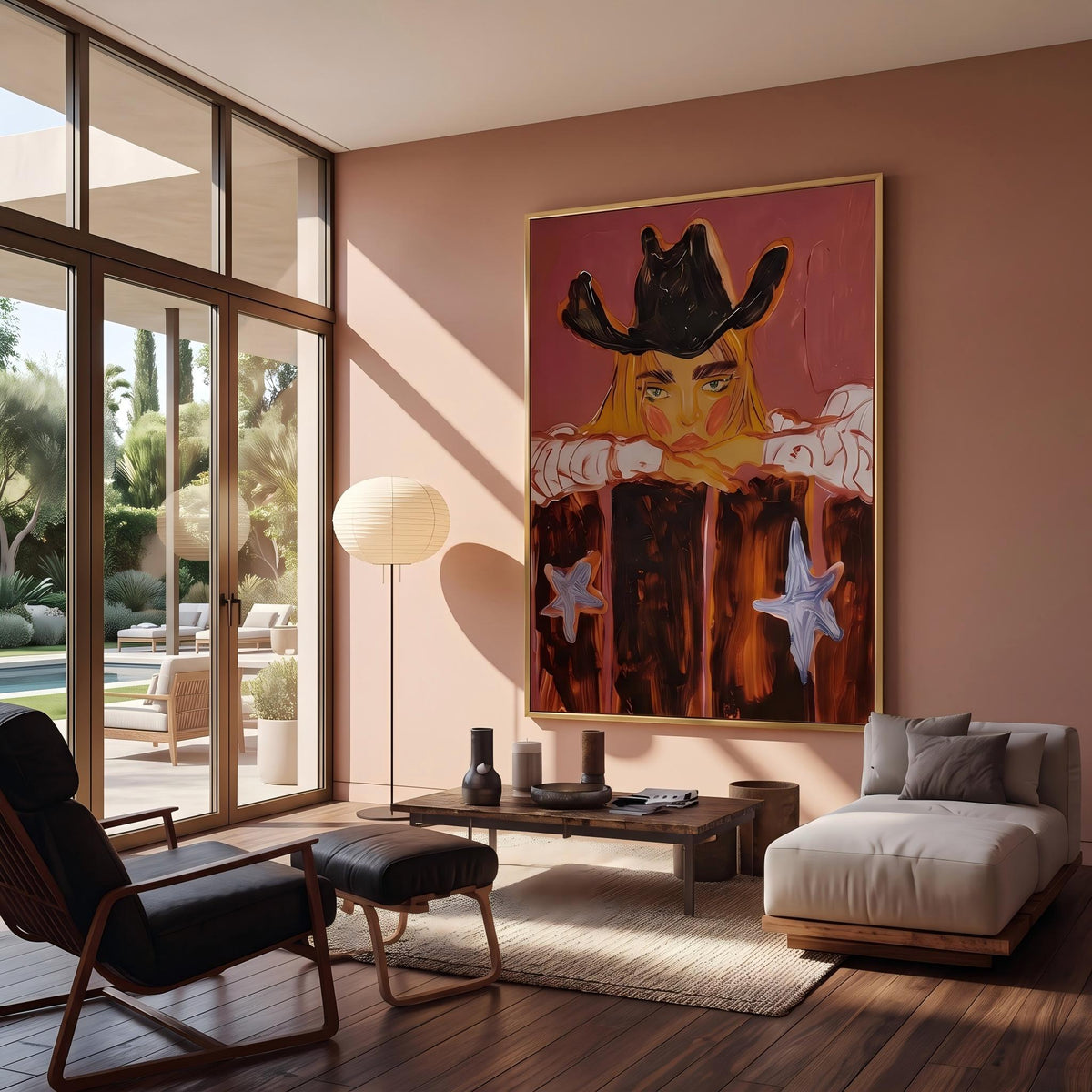 "Western Cowboy Girl" - Modern Heavy Impasto Western Animal Artwork | Orange Palette Knife Painting | Luxury Vertical Wall Art #PT 2647