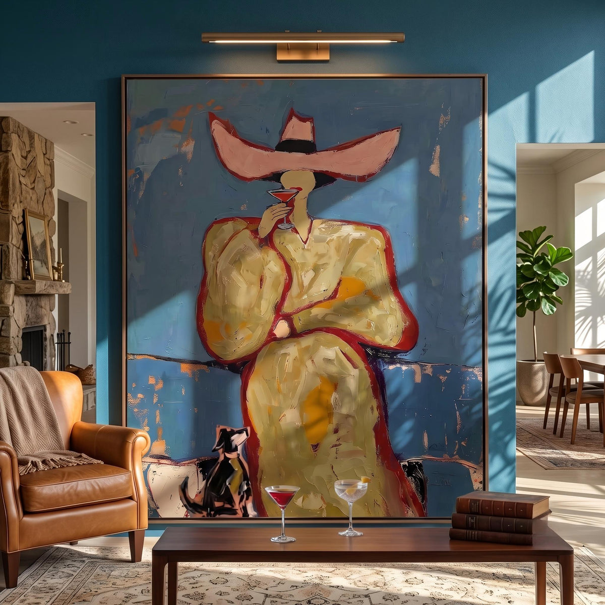 "Pink cowboy hat woman drinking cocktail" - Modern Heavy Impasto Western Animal Artwork | Golden & Orange Palette Knife Painting | Luxury Vertical Wall Art #PT 2643