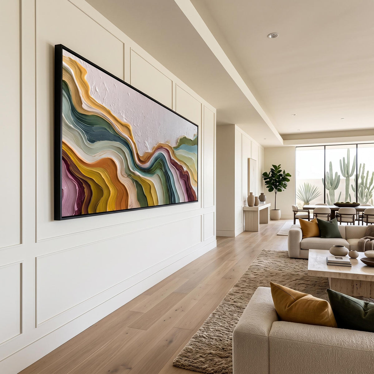 "Color Flowing Layer" - Modern Heavy Impasto Abstract Artwork | Beige Palette Knife Painting | Luxury Horizontal Wall Art #PT 2618