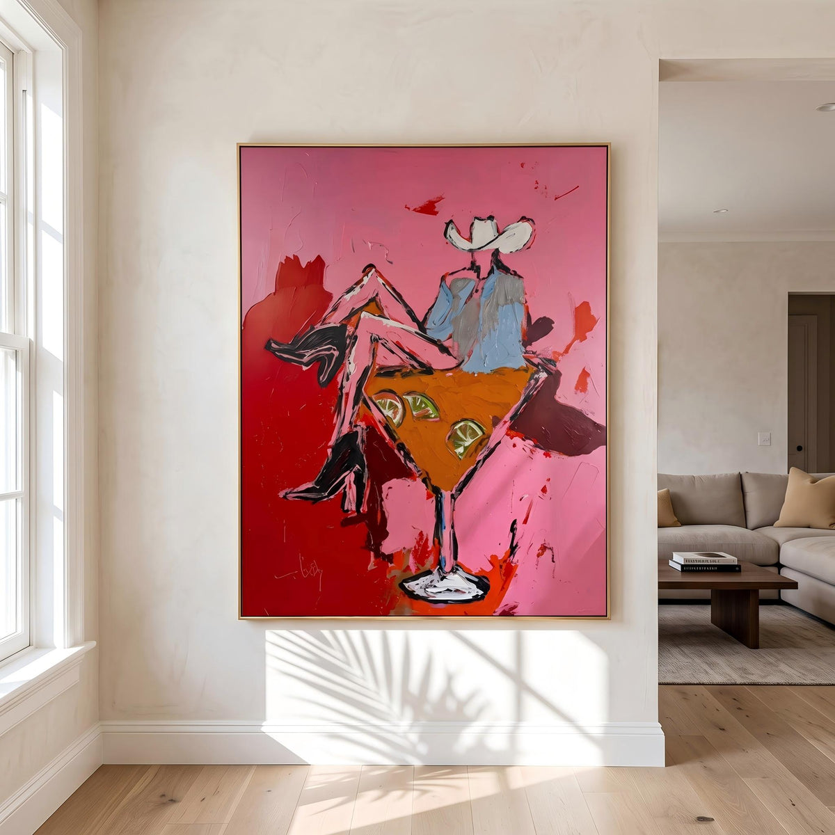 "Pink Cowgirl Cocktail" - Modern Heavy Impasto Western Animal Artwork | Pink Palette Knife Painting | Luxury Vertical Wall Art #PT 2651