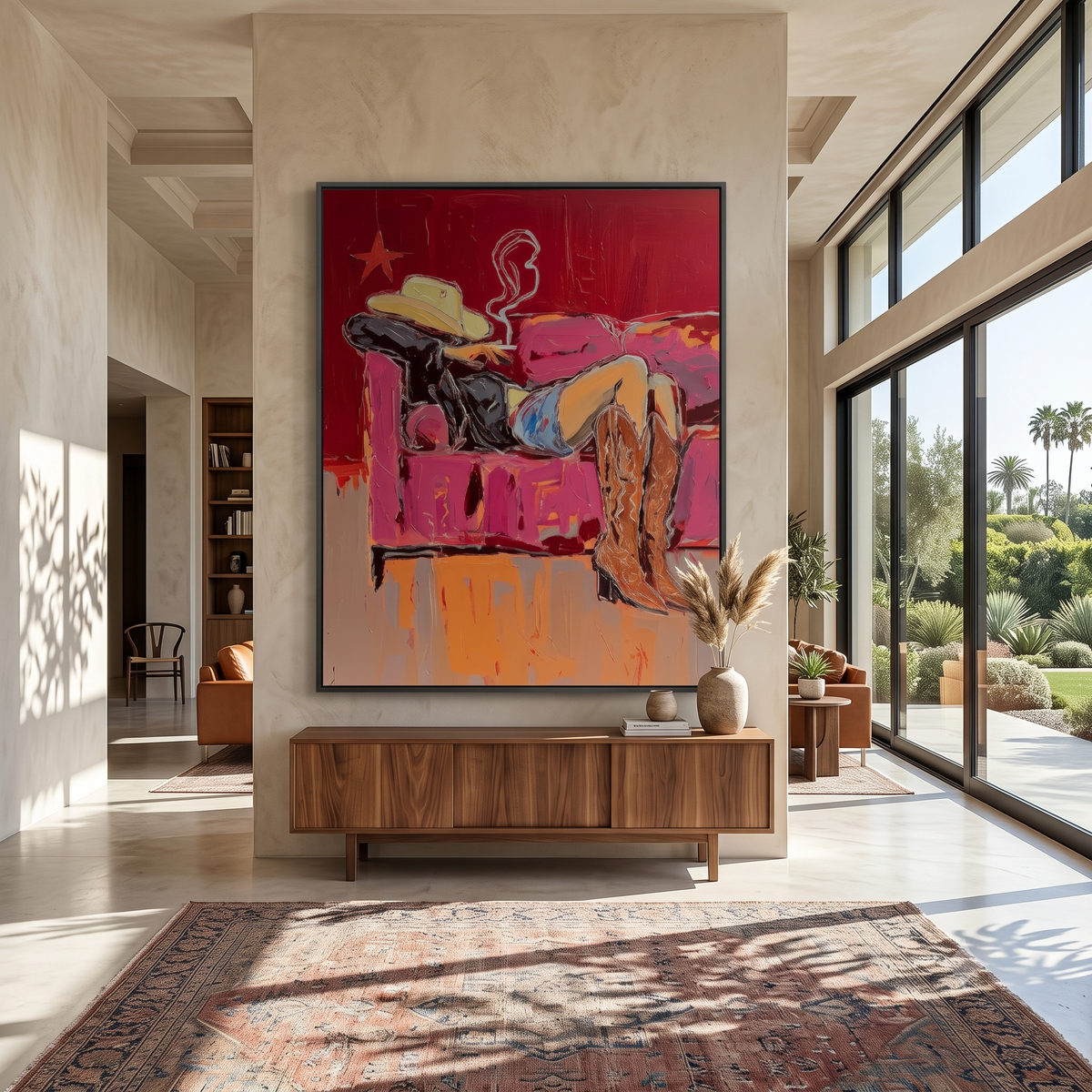 "Couch Western Cowgirl" - Modern Heavy Impasto Western Animal Artwork | Pink Palette Knife Painting | Luxury Vertical Wall Art #PT 2653