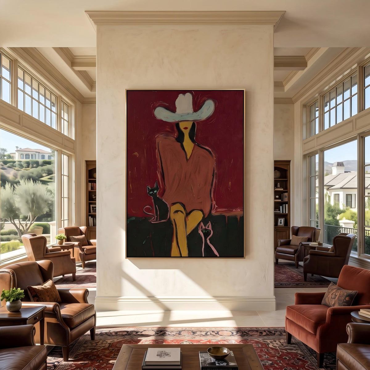 "Western Woman and Cat" - Modern Heavy Impasto Western Animal Artwork | Golden Palette Knife Painting | Luxury Vertical Wall Art #PT 2641