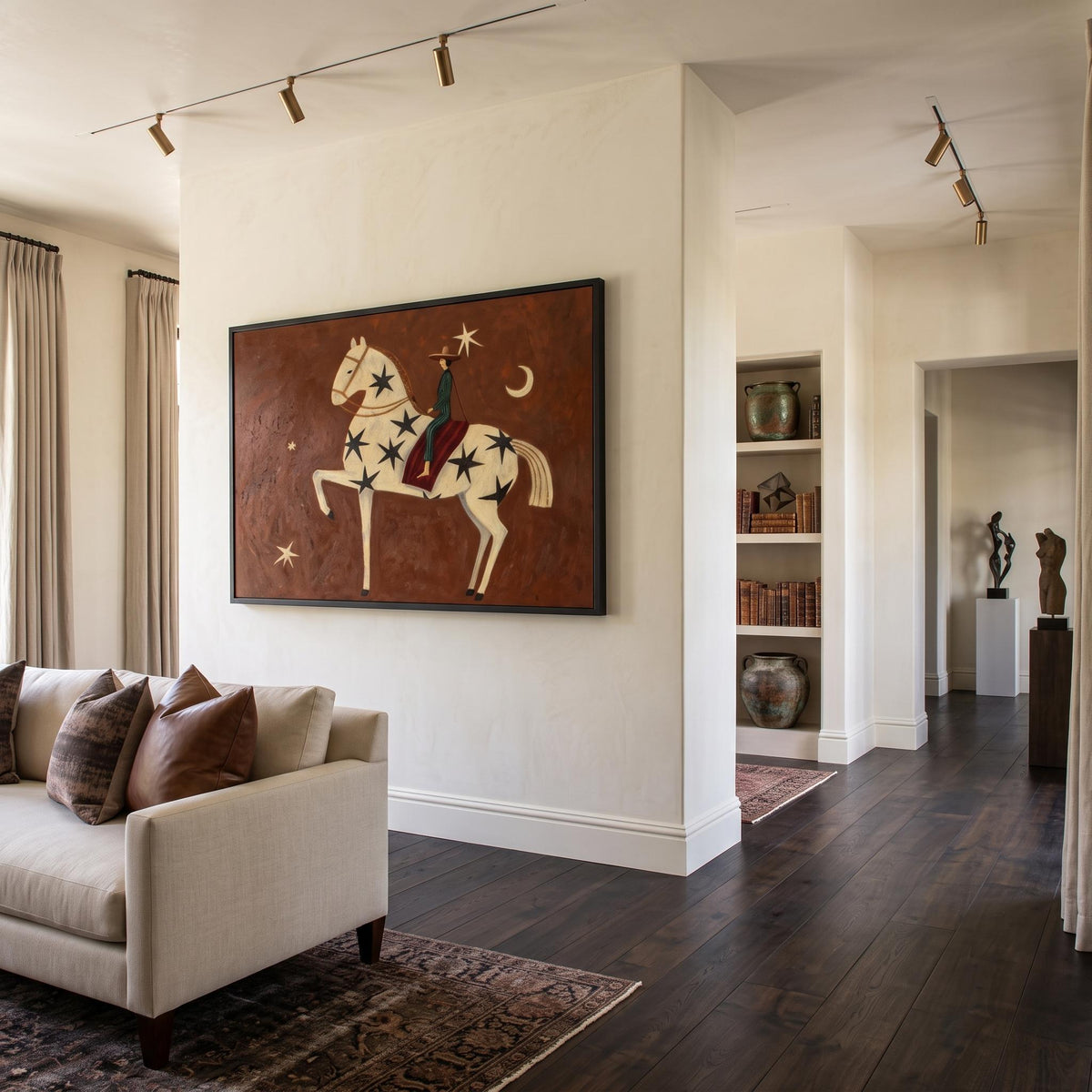 "Rust Red Stylized Horse With Moon & Stars" - Modern Heavy Impasto Western Animal Artwork | Orange Palette Knife Painting | Luxury Horizontal Wall Art #PT 2588