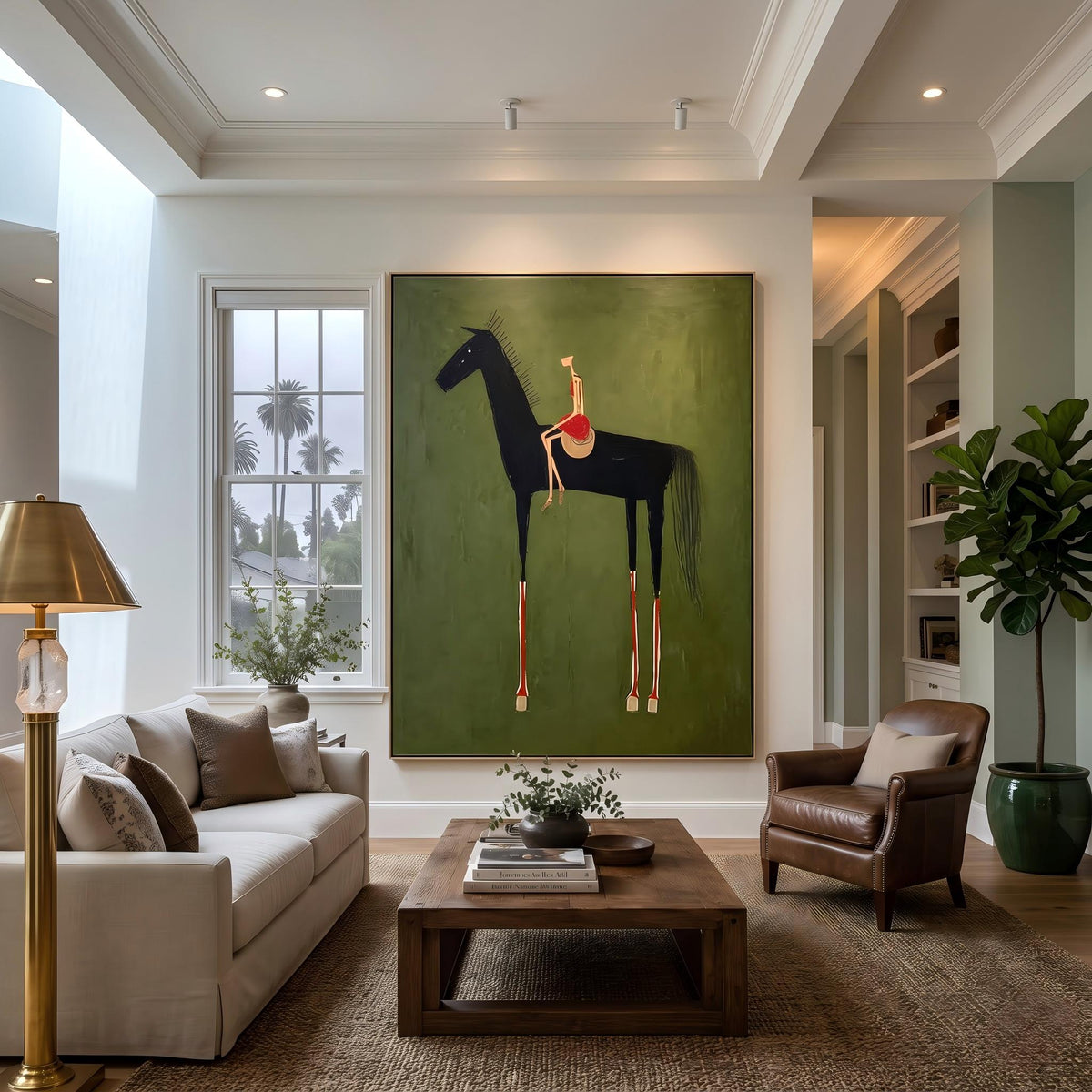 "Black Horse & Rider" - Modern Heavy Impasto Western Animal Artwork | Green Palette Knife Painting | Luxury Vertical Wall Art #PT 2625