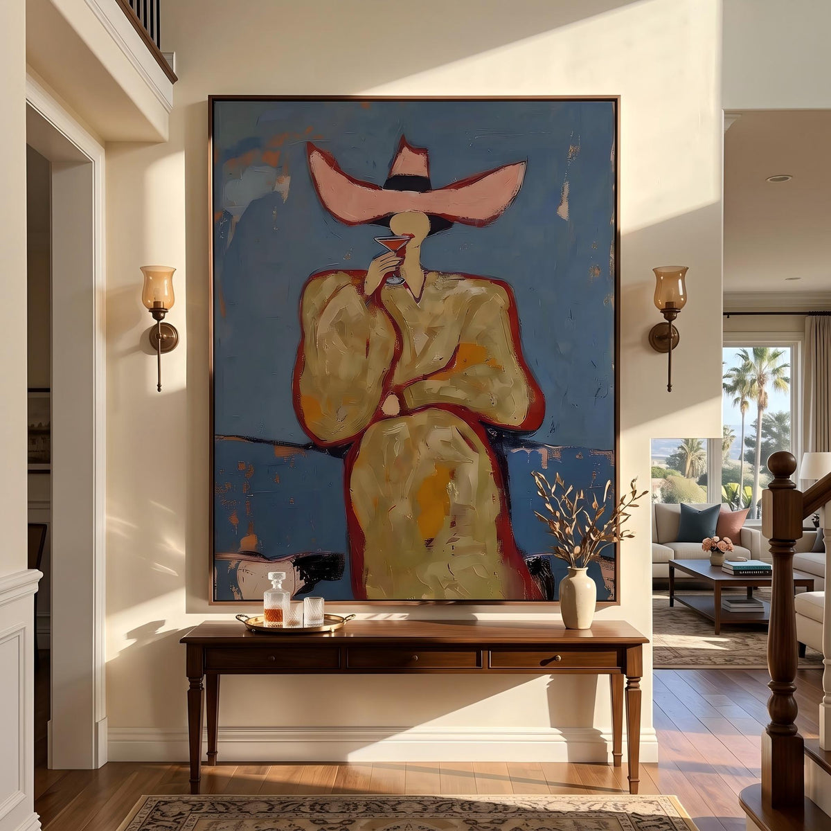 "Pink cowboy hat woman drinking cocktail" - Modern Heavy Impasto Western Animal Artwork | Golden & Orange Palette Knife Painting | Luxury Vertical Wall Art #PT 2643