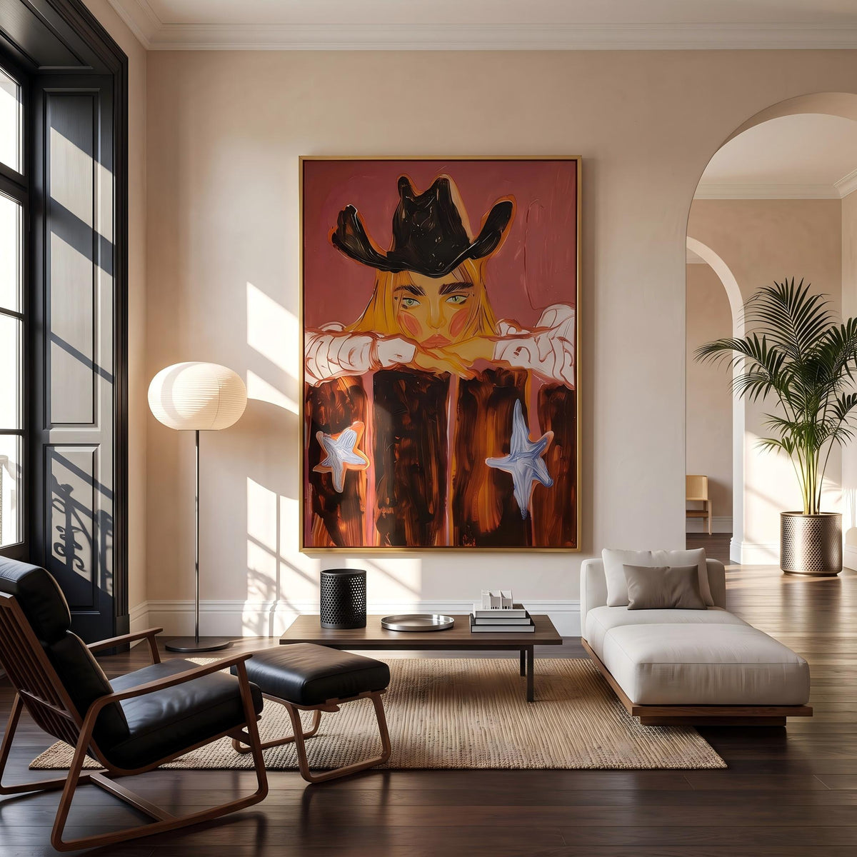 "Western Cowboy Girl" - Modern Heavy Impasto Western Animal Artwork | Orange Palette Knife Painting | Luxury Vertical Wall Art #PT 2647