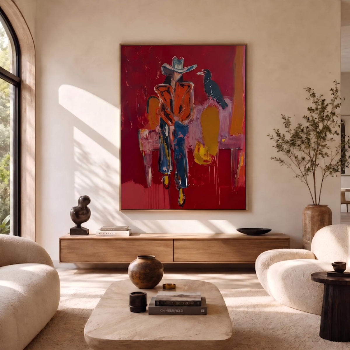 "Crow Cowgirl" - Modern Heavy Impasto Western Animal Artwork | Golden & Pink Palette Knife Painting | Luxury Vertical Wall Art #PT 2642