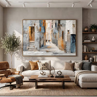 "European Old Town Street" - Modern Heavy Impasto Abstract Artwork | Beige & Grey Palette Knife Painting | Luxury Horizontal Wall Art #PT 2628