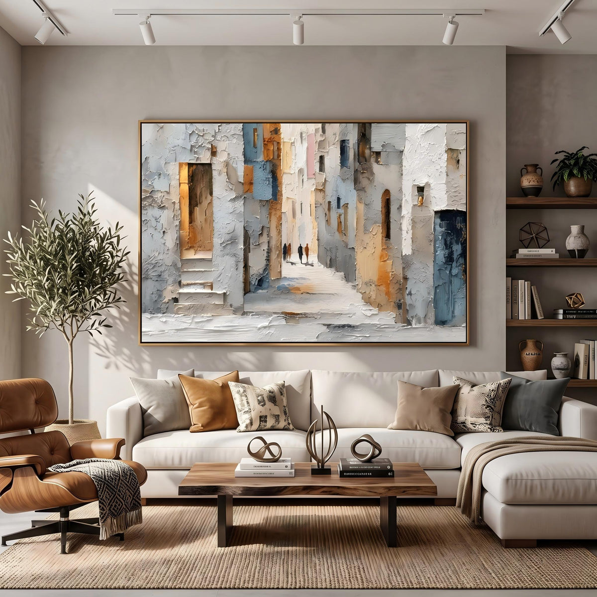 "European Old Town Street" - Modern Heavy Impasto Abstract Artwork | Beige & Grey Palette Knife Painting | Luxury Horizontal Wall Art #PT 2628
