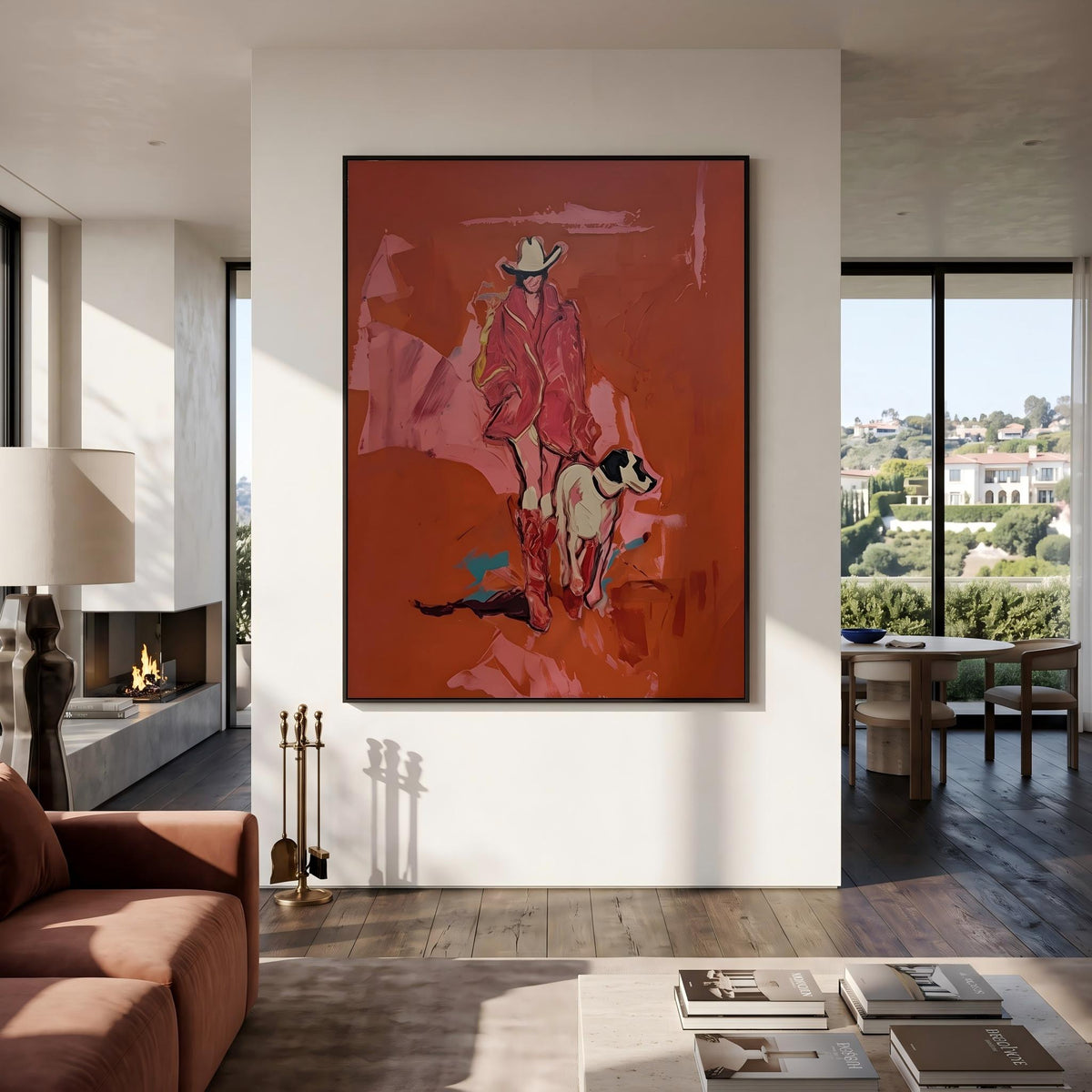 "Cowgirl and Dog" - Modern Heavy Impasto Dog Portrait Artwork | Pink Palette Knife Painting | Luxury Vertical Wall Art #PT 2650
