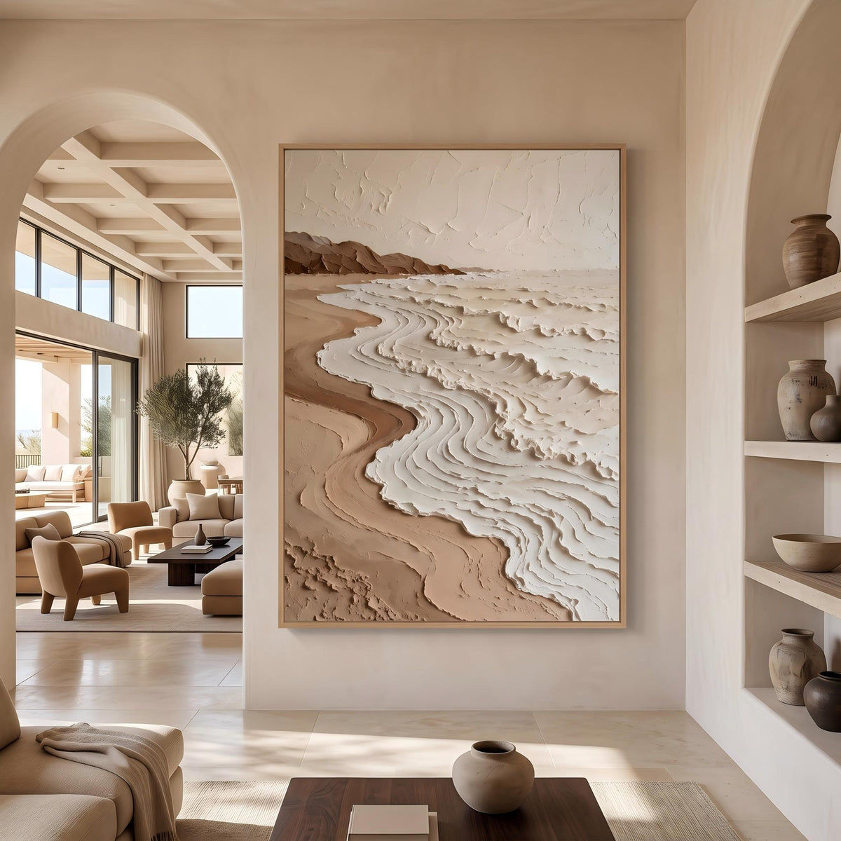 "Neutral Tones Stereoscopic Seaside Wall Decor" - Modern Heavy Impasto Coastal Landscape | Beige Palette Knife Painting | Luxury Vertical Wall Art #PT 2604