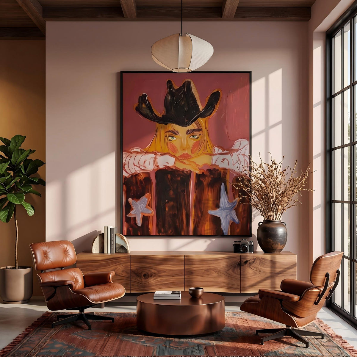 "Western Cowboy Girl" - Modern Heavy Impasto Western Animal Artwork | Orange Palette Knife Painting | Luxury Vertical Wall Art #PT 2647