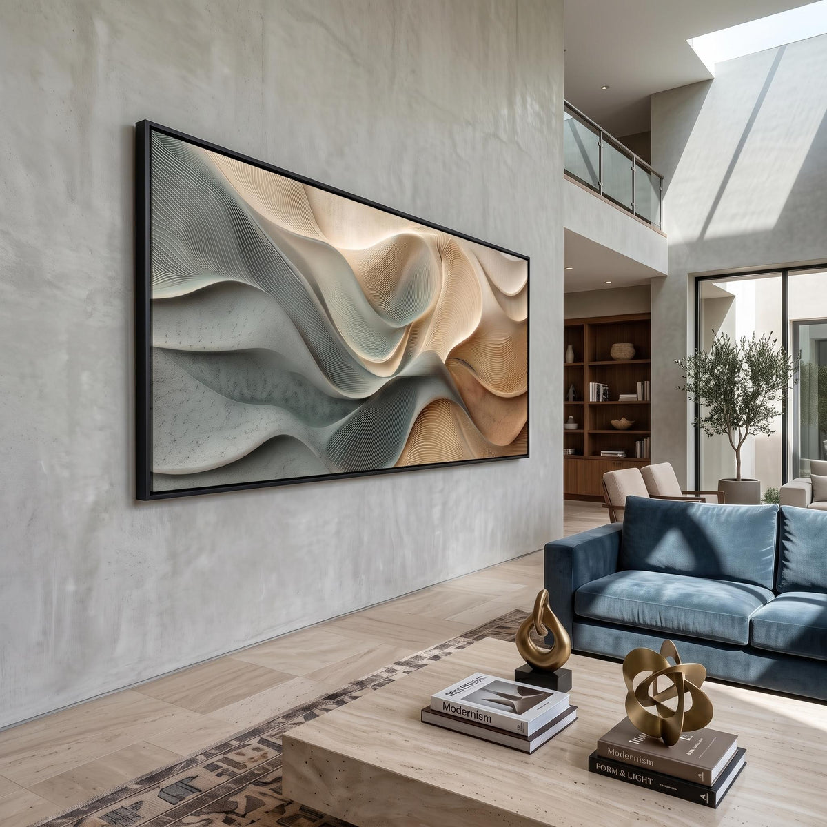 "Dusty Blue Beige Heavy‑Texture Wave" - Modern Heavy Impasto Ocean Wave Seascape | Beige Palette Knife Painting | Luxury Horizontal Wall Art #PT 2599