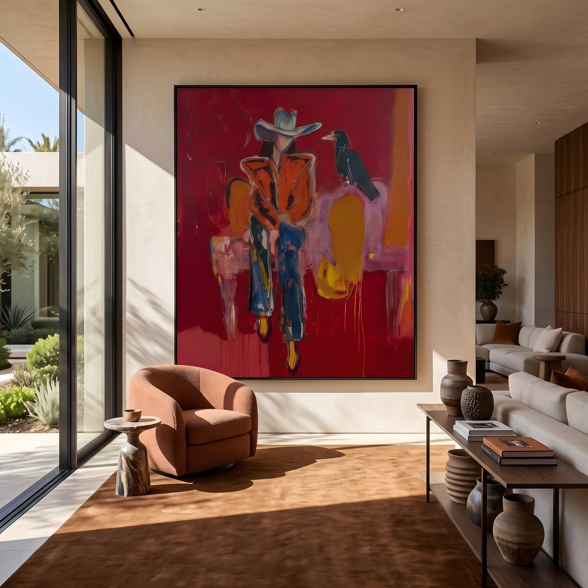 "Crow Cowgirl" - Modern Heavy Impasto Western Animal Artwork | Golden & Pink Palette Knife Painting | Luxury Vertical Wall Art #PT 2642