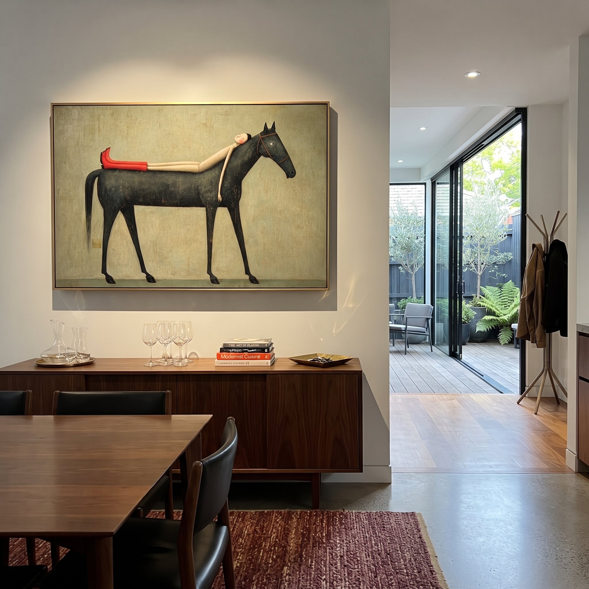 "Resting Figure Upon Black Stallion" – Modern Folk Surreal Impasto Art | 3D Muted Sage & Scarlet Palette Knife Painting | Luxury Horizontal Wall Art #PT 641