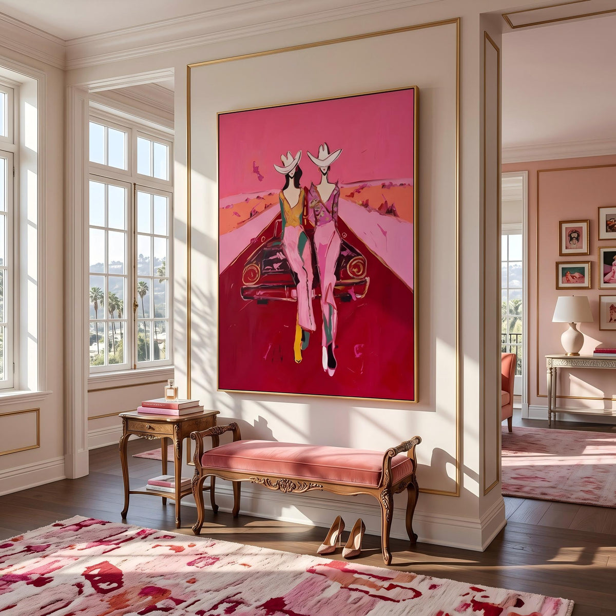 "Cowgirls on the Road" - Modern Heavy Impasto Abstract Artwork | Pink Palette Knife Painting | Luxury Vertical Wall Art #PT 2652