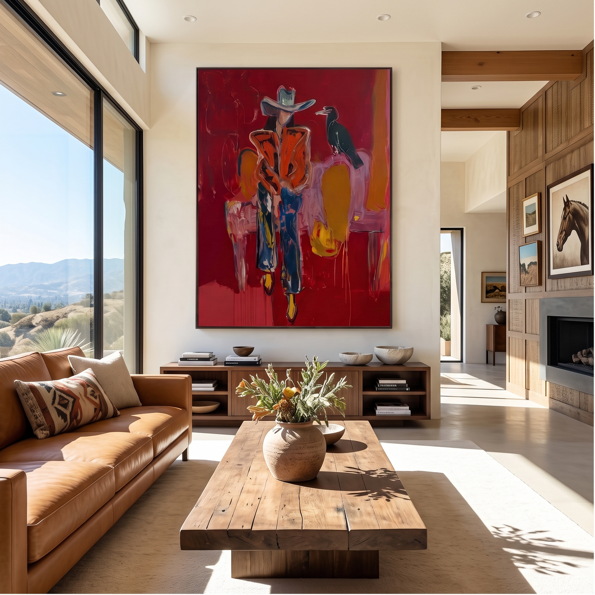 "Crow Cowgirl" - Modern Heavy Impasto Western Animal Artwork | Golden & Pink Palette Knife Painting | Luxury Vertical Wall Art #PT 2642