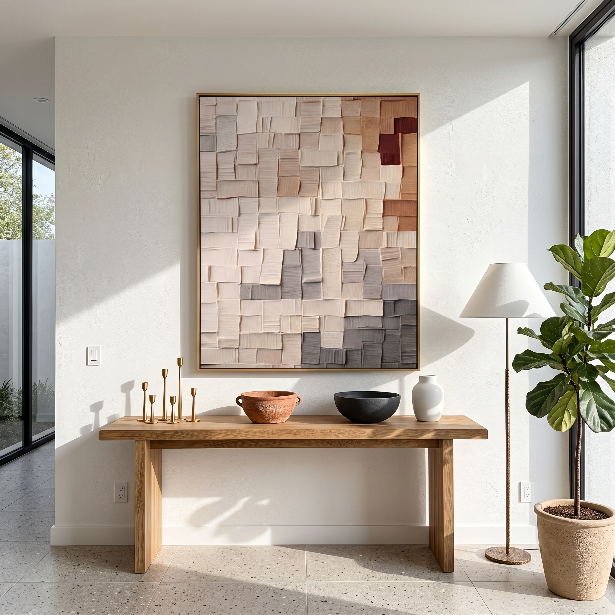 "Gradient Woven Clay Tile Relief" – Modern Heavy Impasto Geometric Minimal Abstract | 3D Warm Taupe & Ash Grey Palette Knife Painting | Luxury Vertical Wall Art #PT 575