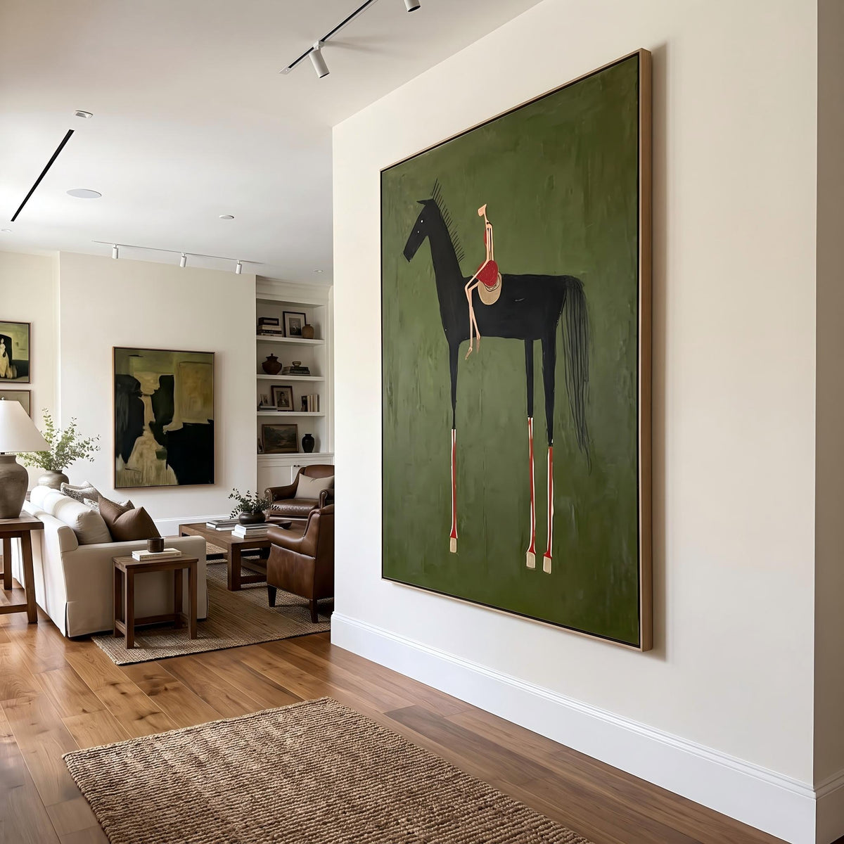 "Black Horse & Rider" - Modern Heavy Impasto Western Animal Artwork | Green Palette Knife Painting | Luxury Vertical Wall Art #PT 2625