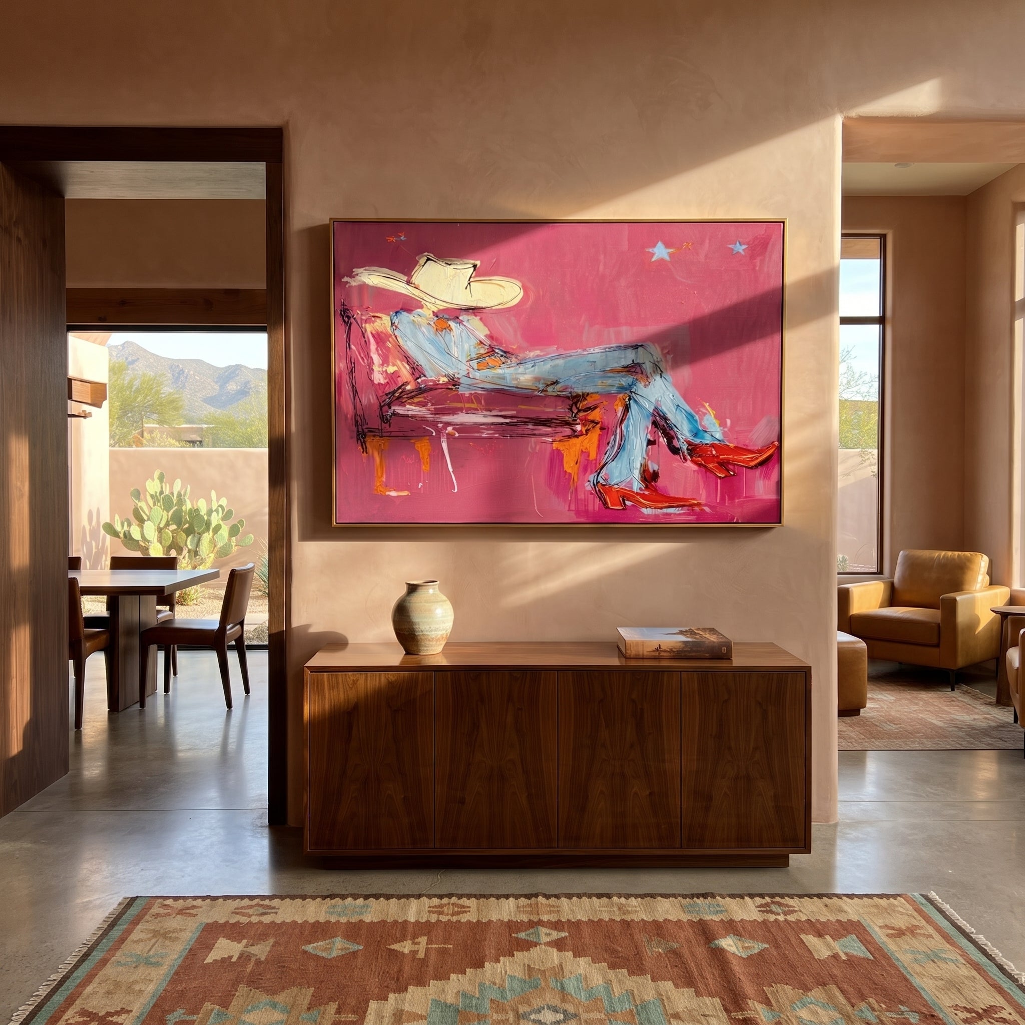 "Lounging Magenta Cowboy Sketch" – Modern Heavy Impasto Western Figurative Art | 3D Fuchsia & Denim Palette Knife Painting | Luxury Horizontal Wall Art #PT 640