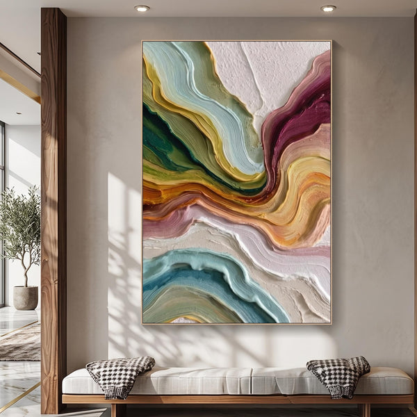 "Multicolor Layer Flow Abstract Wall" - Modern Heavy Impasto Abstract Artwork | Beige Palette Knife Painting | Luxury Vertical Wall Art #PT 2621