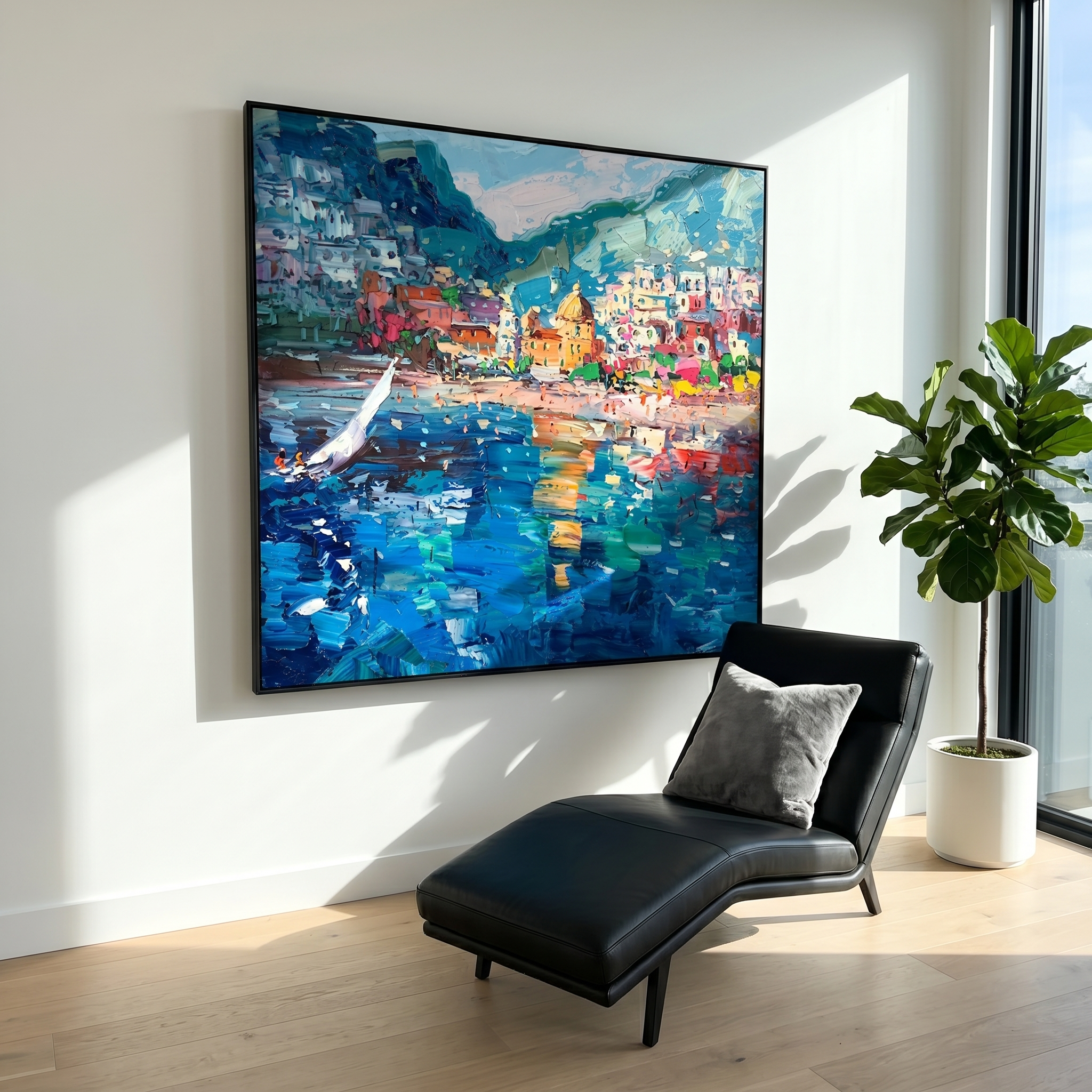 "Positano Bay Sailboat Reflections" - Modern Heavy Impasto Impressionist Coastal Townscape | 3D Deep Sapphire & Pastel Multicolor Palette Knife Painting | Luxury Square Wall Art #PT 583