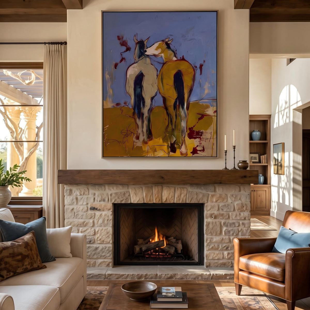 "Wild Companions" - Modern Heavy Impasto Western Animal Artwork | Yellow Palette Knife Painting | Luxury Vertical Wall Art #PT 2640