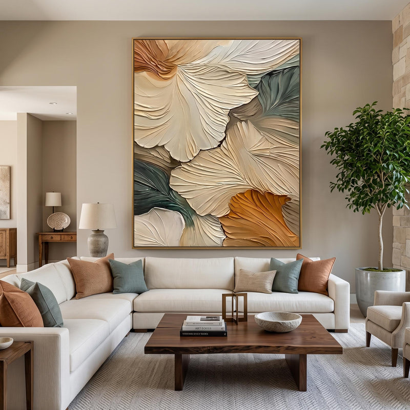 "Abstract Ginkgo Leaf" - Modern Heavy Impasto Botanical Tree Artwork | Beige Palette Knife Painting | Luxury Vertical Wall Art #PT 2615