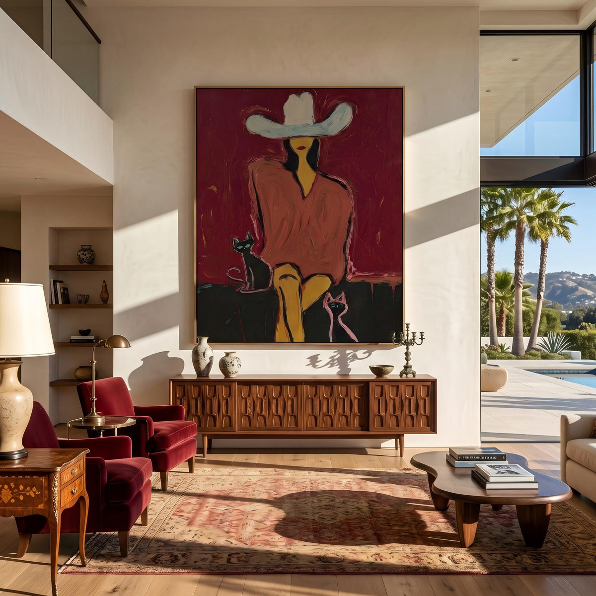 "Western Woman and Cat" - Modern Heavy Impasto Western Animal Artwork | Golden Palette Knife Painting | Luxury Vertical Wall Art #PT 2641
