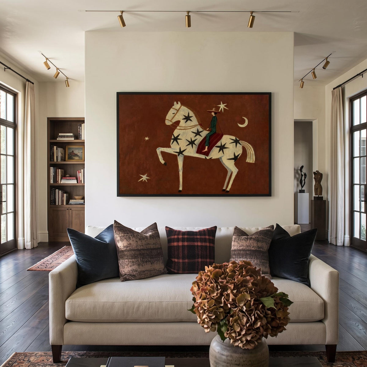 "Rust Red Stylized Horse With Moon & Stars" - Modern Heavy Impasto Western Animal Artwork | Orange Palette Knife Painting | Luxury Horizontal Wall Art #PT 2588