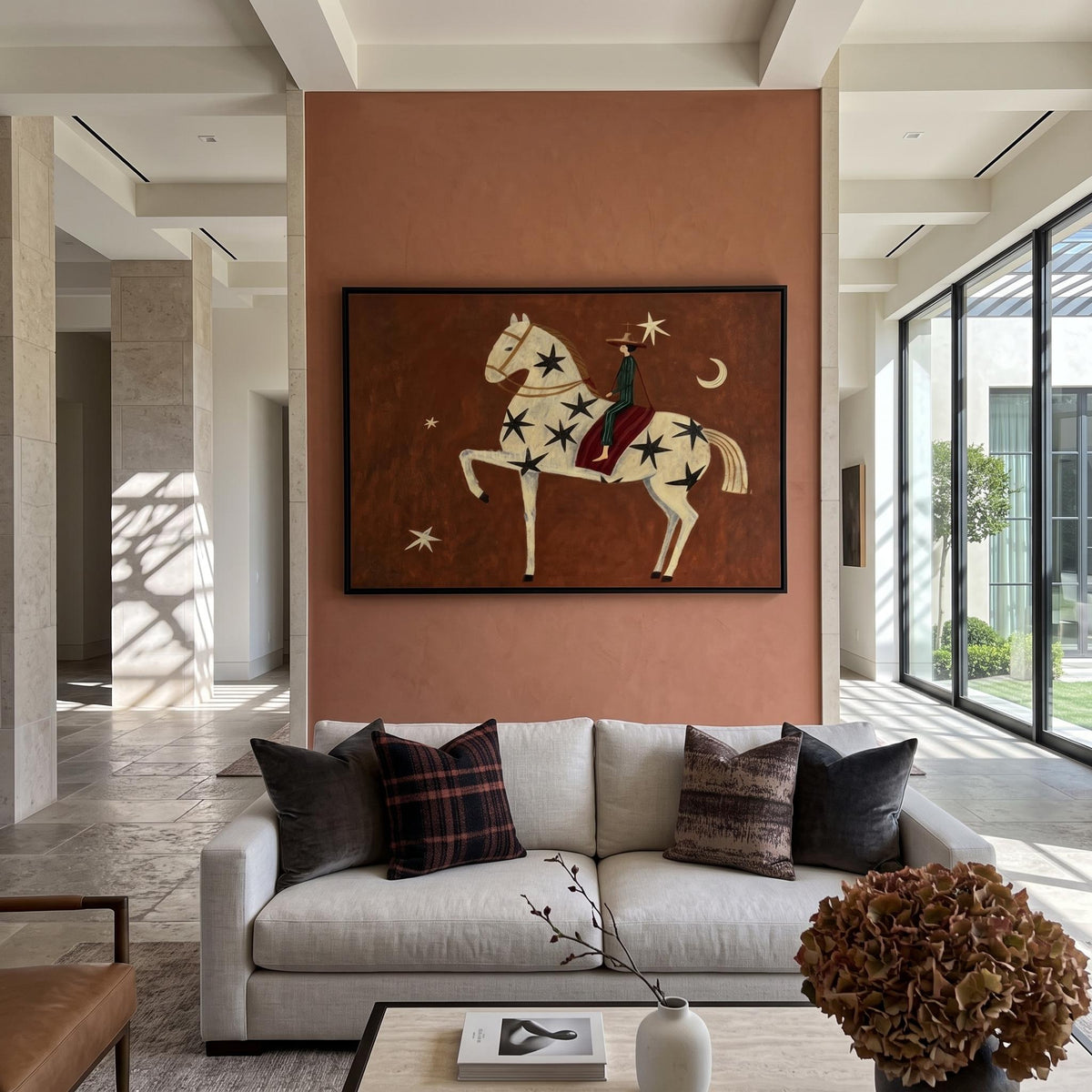"Rust Red Stylized Horse With Moon & Stars" - Modern Heavy Impasto Western Animal Artwork | Orange Palette Knife Painting | Luxury Horizontal Wall Art #PT 2588
