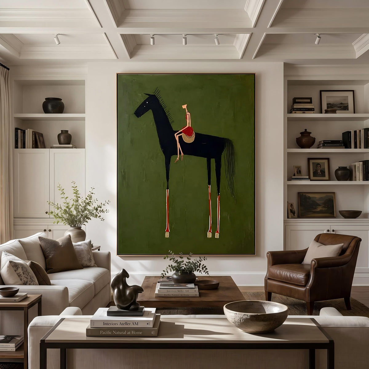 "Black Horse & Rider" - Modern Heavy Impasto Western Animal Artwork | Green Palette Knife Painting | Luxury Vertical Wall Art #PT 2625