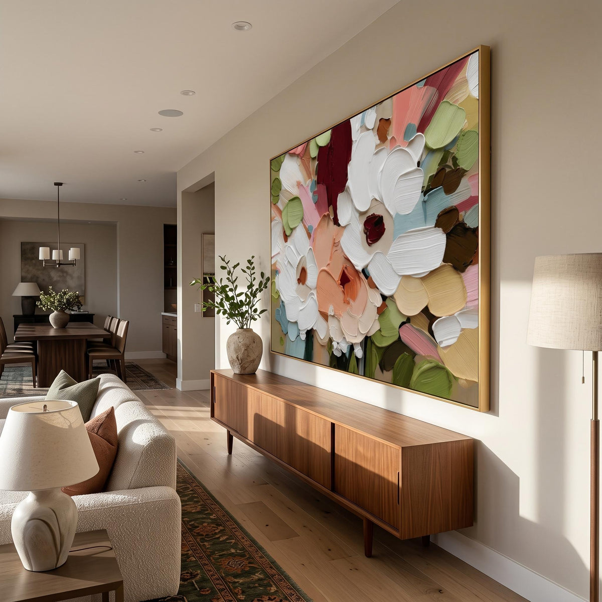 "Colorful Textured Floral Wall" - Modern Heavy Impasto Floral Abstract | White Palette Knife Painting | Luxury Horizontal Wall Art #PT 2606