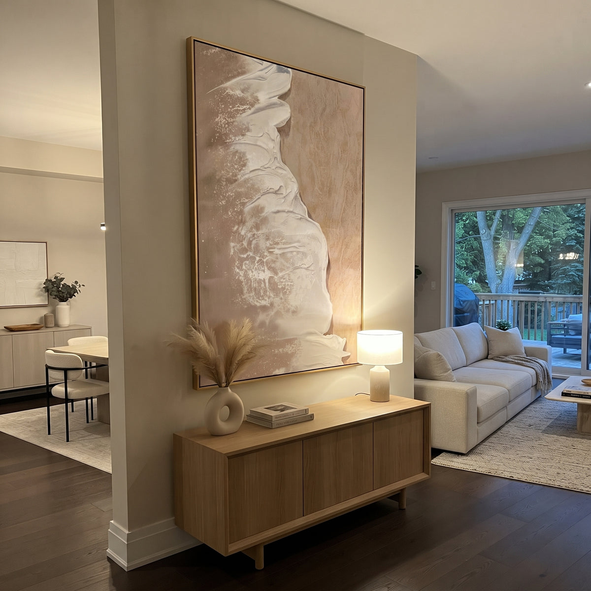 "Sand Tidal Glow" is a 100% hand-painted seascape created with professional oil and acrylic paints on high-quality canvas. Its beige & white palette and visible textured strokes give every piece authentic handmade variation and tactile depth.