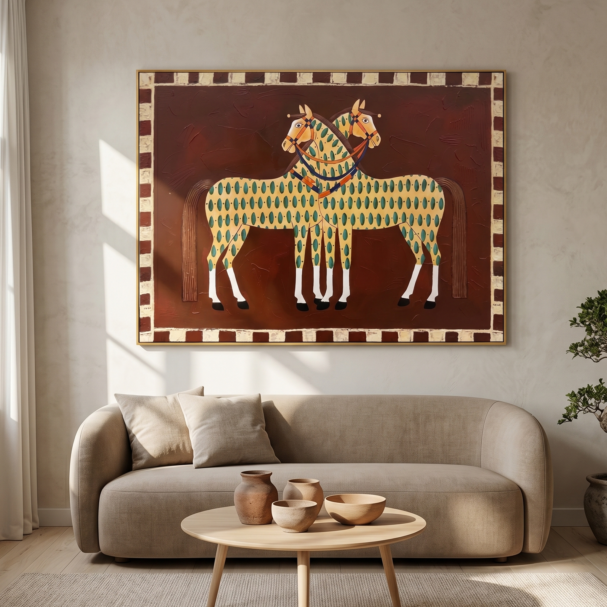 "Paired Folk Patterned Equines" – Modern Heavy Impasto Primitive Equestrian Figurative | 3D Russet Brown & Soft Sage Palette Knife Painting | Luxury Horizontal Wall Art #AN 151